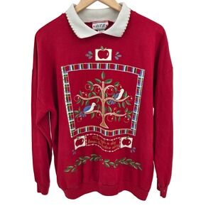 Vintage‎ Act III Crewneck Sweatshirt Apple Tree Bird Embroidery Red M